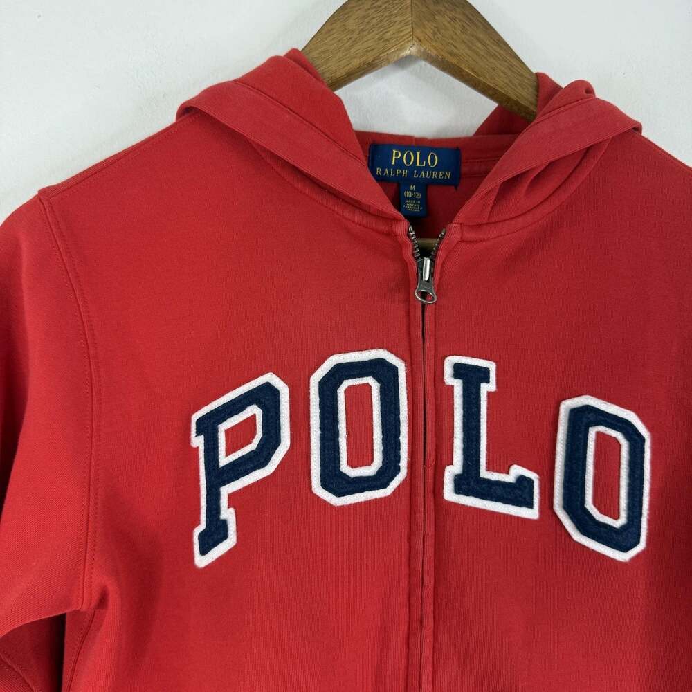 Polo Ralph Lauren Logo Jacket Boys Medium 10-12 Red Hooded Full Zip Fleece POLO